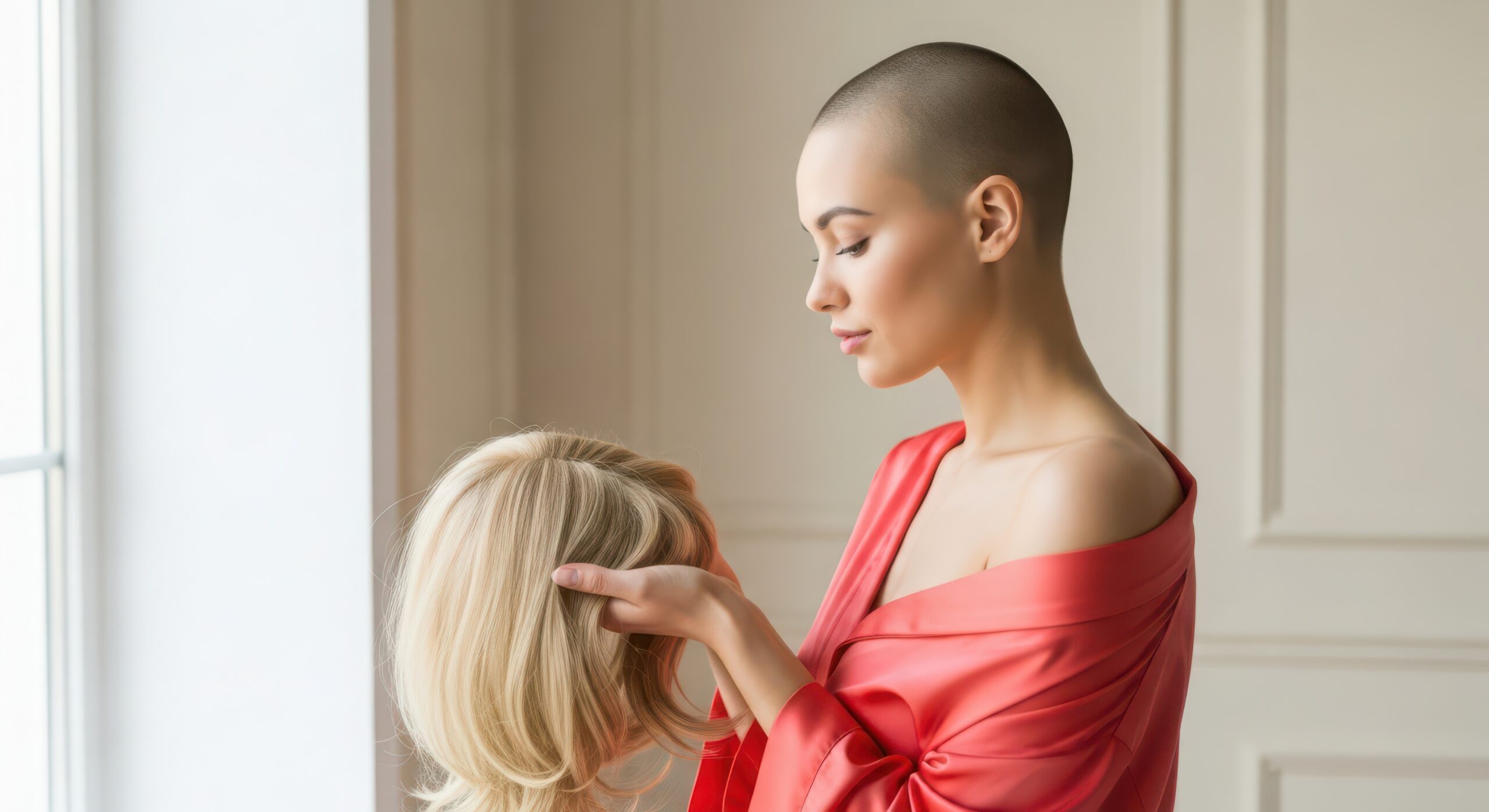 Woman with hair loss holding a blonde wig