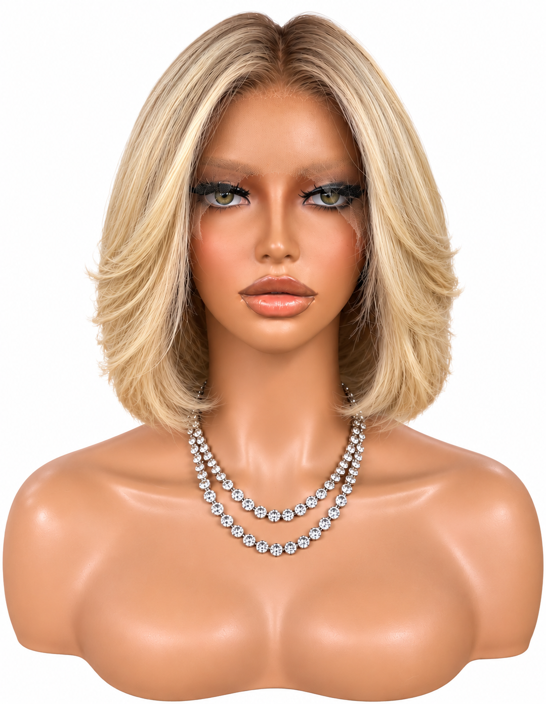 Kidd 8-inch blonde layered bob, front view on mannequin